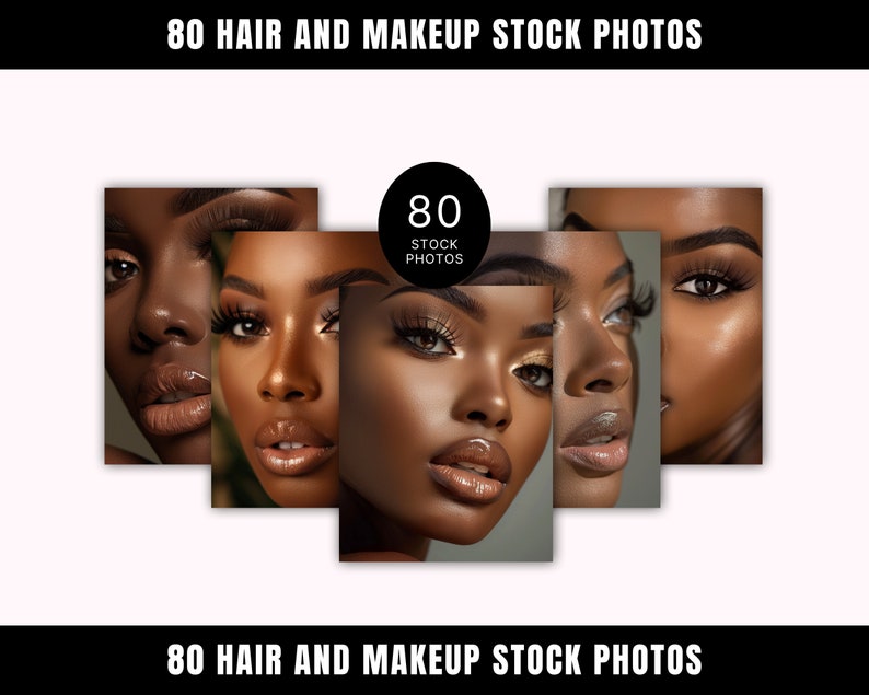 May include: A collection of close-up photos of a person's face with different makeup looks. The photos are arranged in a collage format. The text "80 STOCK PHOTOS" is visible in the centre of the image.