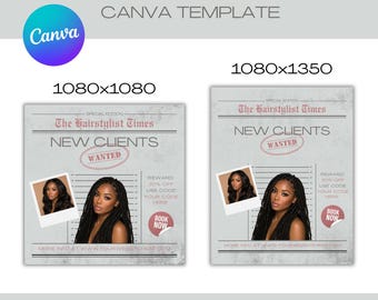 Newspaper Hairstylist Flyer Canva Template 1080x1080 & 1080x1350