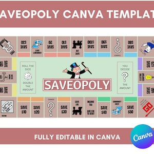 Puede incluir: Una plantilla de Canva Saveopoly con un diseño de juego de mesa. El tablero presenta espacios para ahorrar dinero, cartas de suerte y cofre comunitario. El texto "SAVEOPOLY CANVA TEMPLATE" está en la parte superior y "FULLY EDITABLE IN CANVA" en la inferior.