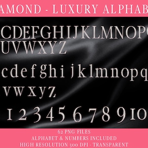 Peut inclure: Graphique numérique présentant l'alphabet et les chiffres dans une police de style diamant. Les lettres majuscules et minuscules, ainsi que les chiffres de 1 à 0, sont affichés en couleur claire sur fond noir. Le texte "DIAMOND - LUXURY ALPHABET" est en haut.