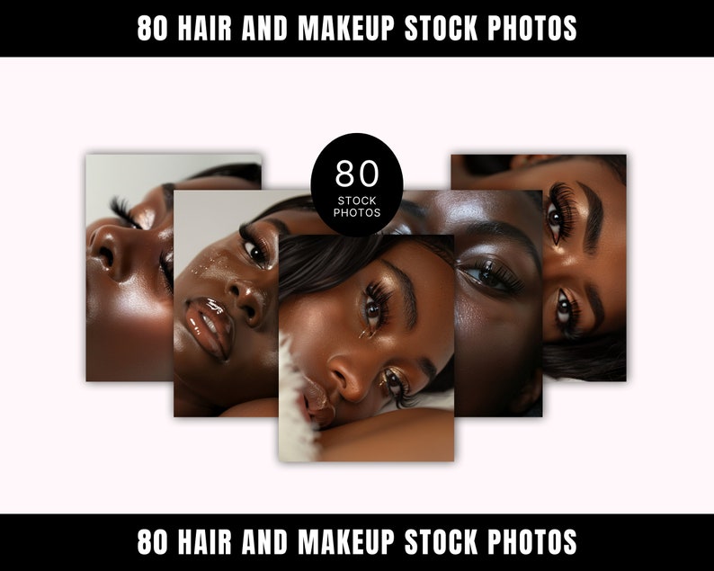 May include: A collage of close-up photos of a person's face with makeup and eyelashes. The text "80 STOCK PHOTOS" is in a circle in the centre of the image.