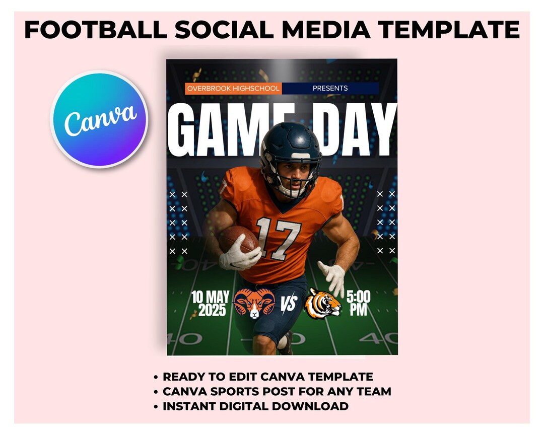 Editable Game Day Football Social Media Template: Canva Sports Post ...