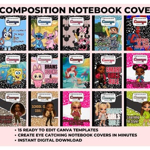 15 Canva Composition Notebook Cover Bundle | Editable Back to School Templates | Printable Digital Download for Kids & Teens