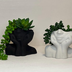May include: Two head-shaped planters, one black and one white, each with a succulent plant. The planters have a minimalist design, with the head resting on hands. The green succulents add a natural touch to the decor.