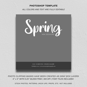 K&ouml;nnte beinhalten: Eine graue und wei&szlig;e Photoshop-Vorlage f&uuml;r ein Fr&uuml;hlings-Mini-Sessions-Fotopaket. Die Vorlage enth&auml;lt den Text "Spring Mini Sessions", "150 &euro; / 30 Minuten / Online-Galerie", "hello@me.com | www.yournamephotography.com", "FOTO-AUSSCHNEIDMASKEN WURDEN ALS GRAUE KASTEN-EBENEN ERSTELLT", "5" x 5" MIT 0,25" BLUTEN/BESCHNEIDEN | 300 DPI | SCHRIFTARTDATEIEN INBEGRIFFEN", und "STOCKFOTOS, MUSTER, MOCK-UPS, REQUISITEN, ETC. NICHT INBEGRIFFEN".