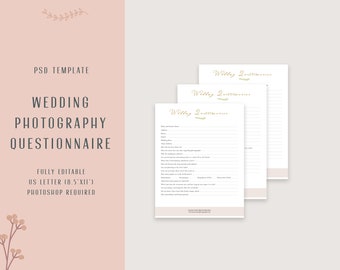 Modello di questionario sulla fotografia di matrimonio, modello di contratto modificabile, modulo aziendale di fotografia, lista di controllo del cliente del matrimonio, modello PSD