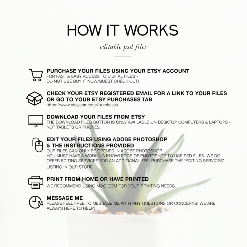 May include: A white graphic with black text explaining how to purchase, download, edit, and print editable PSD files from Etsy. The graphic includes icons for a shopping cart, a box, a computer monitor, a mouse, a printer, and a clock.