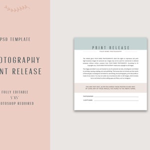 Print Release for Photographer, Print Release Form, Photography Release, Wedding Photography Form, Photoshop Template, Editable Template