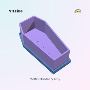 A 3D rendering of a light purple coffin-shaped planter with three drainage holes, sitting on a light blue base, against a gradient background. Text reads "STL Files" and "Coffin Planter & Tray."
