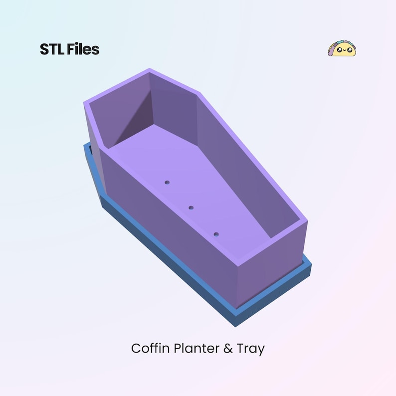 A 3D rendering of a light purple coffin-shaped planter with three drainage holes, sitting on a light blue base, against a gradient background. Text reads "STL Files" and "Coffin Planter & Tray."