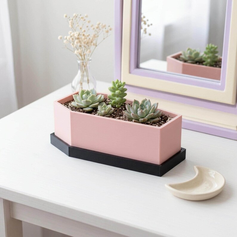 A pale pink coffin-shaped planter box with a black base rests on a white tabletop containing multiple green succulents, with a mirror and small dish nearby.