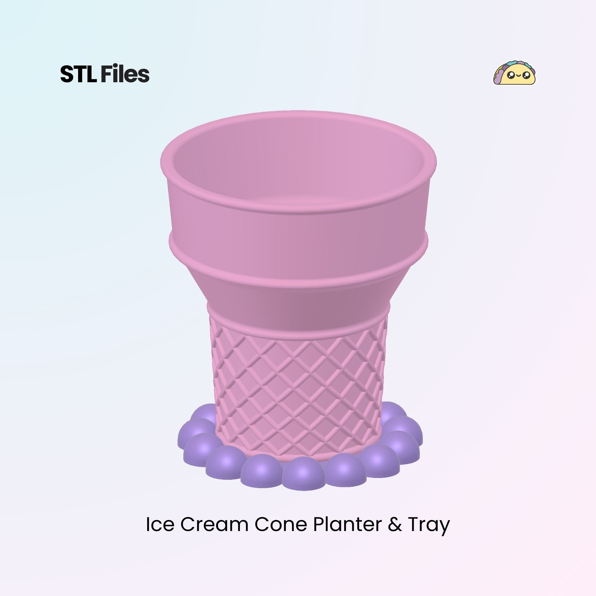 Ice Cream Cone Planter & Drip Tray STL Files, Cute Succulant Plant Box, Home Decor 3D Models | 3D Printable Files For 3D Printing