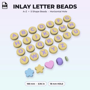 May include: A collection of round, pale yellow inlay letter beads featuring purple letters from A to Z, alongside five shaped beads including a blue flower, yellow star, pink heart, purple sphere, and small green ring. Text reads INLAY LETTER BEADS, A-Z + 5 Shape Beads, Horizontal Hole, 100 mm, 3.94 in, and 18 mm HOLE.