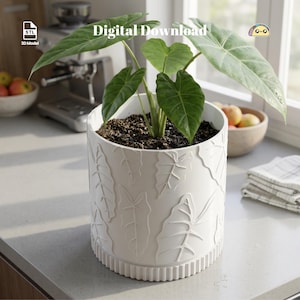 アロカシア リーフ プランター STL ファイル: トレイ付き 3D プリント可能な植木鉢 (デジタル ダウンロード)