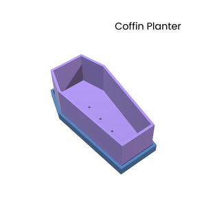 A 3D rendering of a light purple coffin-shaped planter with three drainage holes, sitting on a light blue base, against a white background. Text reads "Coffin Planter."