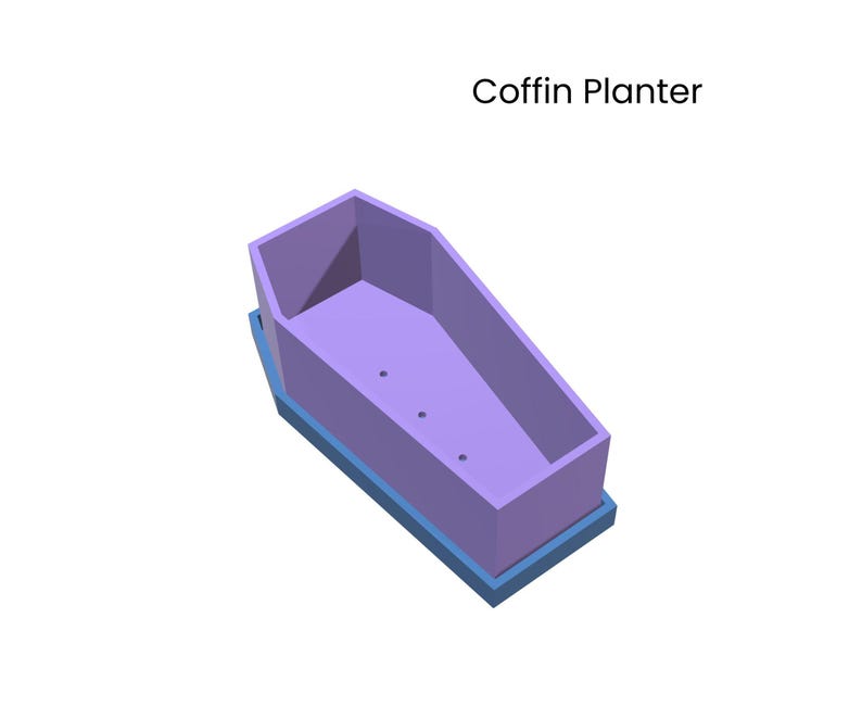 A 3D rendering of a light purple coffin-shaped planter with three drainage holes, sitting on a light blue base, against a white background. Text reads "Coffin Planter."