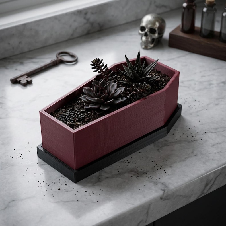 A dark red coffin-shaped planter with a black base, filled with dark succulents and small black pebbles, sits on a white marble surface next to an old key and a silver skull.