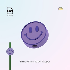Op de afbeelding: Een paarse smiley-strohalmtopper met een gat in het midden voor een rietje. De topper is 3D-printbaar en kan worden gedownload als een STL-bestand.