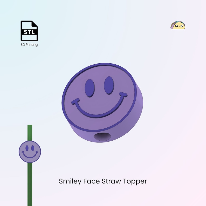 Smiley Face Straw Topper, Happy Straw Charm for Stanley Cup Tumblers STL Files for 3D Printing image 1