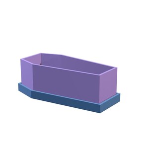 A 3D rendering of a light purple coffin-shaped planter sitting on a light blue base, viewed from a slight angle on a white background.
