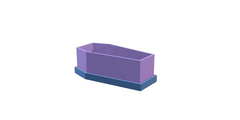 A 3D rendering of a light purple coffin-shaped planter sitting on a light blue base, viewed from a slight angle on a white background.