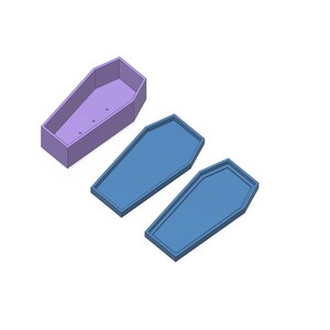 A 3D rendering showing a light purple coffin-shaped planter with drainage holes, and two separate light blue coffin-shaped trays, all on a white background.