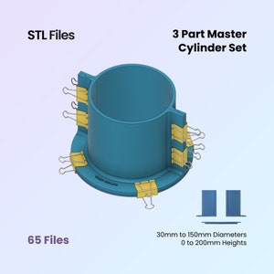 Boîtier de moule cylindrique, 65 fichiers STL, modèle en 3 parties avec base inférieure, fabrication de vos propres moules en silicone | Fichiers imprimables en 3D pour l'impression 3D