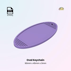 May include: A purple oval keychain with a hole for a key ring. It measures 90mm x 45mm x 3mm.  The keychain has a textured surface with lines.