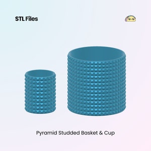 May include: Two teal blue cylindrical containers with a pyramid studded design. The larger container is labeled as a basket and the smaller container is labeled as a cup.  Pyramid Studded Basket & Cup.