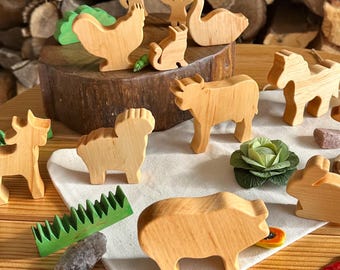 Set of 10 Wooden Farm Animal - Handcrafted Waldorf Animals Figurines | Handmade Montessori Toys Christmas Advent kids gift