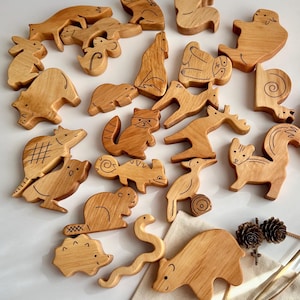 Set of 24 Wooden Forest animals, Animal wooden toy, wild animals toy figurine, birds and reptiles, wooden animal figure toy, Wild animal set