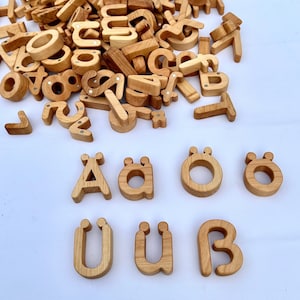59 letras alemanas de madera redondeadas, letras de madera del alfabeto alemán, letras magnéticas, imanes del alfabeto de juguetes, imanes de letras montessori