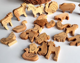 25 Stück Holz Spielzeug Set, Haustiere und Vögel aus Holz, Bauernhof Tier Figur Spielzeug, Landtiere, Haustier Tiere aus Holz