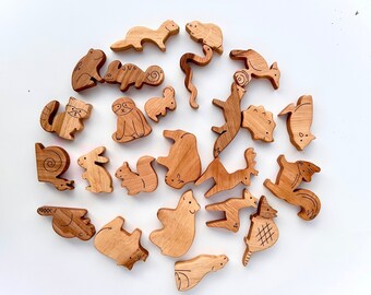 24 wooden forest animals toy set, wooden animals toy figurines, wood birds and reptiles, wooden animal figure toy, wild forest animals toy