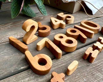 Números de madera tallados a mano: Set de juguetes Montessori para el aprendizaje de las matemáticas.