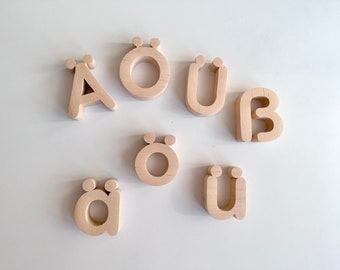 Imanes de madera del alfabeto alemán: 59 letras de madera hechas a mano, juguete educativo Montessori
