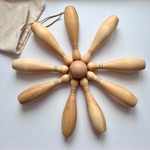 Wooden Bowling Set for Toddlers: Beech & Oak Pins, Cotton Bag | Linseed oil