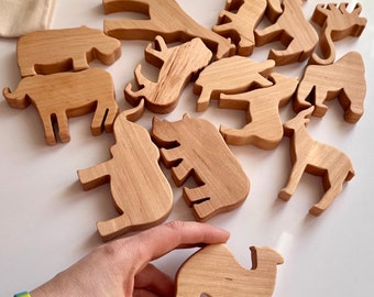 Set of 17 Wooden Safari Animals Handmade Waldorf Figurines African Jungle Animal toy set