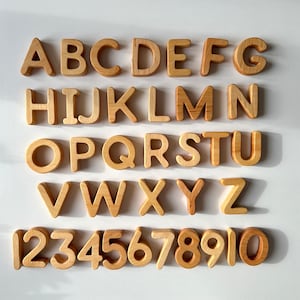 Letras y números de madera redondeados, letras mayúsculas + números, letras y números magnéticos para aprender, letras en inglés, letras y números para el refrigerador