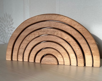 Large Beech Wooden Rainbow Stacker: Montessori Toy, Natural Nursery Art