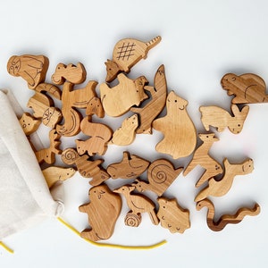 24 Wooden Forest animals set, birds and reptiles, wooden animal figure toy, Wild animal set, woodland animals wooden bear wolf fox hare