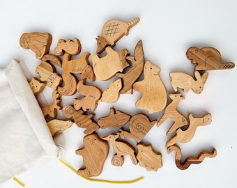 24 Waldtiere-Set aus Holz, Vögel und Reptilien, Tierfigurenspielzeug aus Holz, Wildtier-Set, Waldtiere Holzbär Wolf Fuchs Hase
