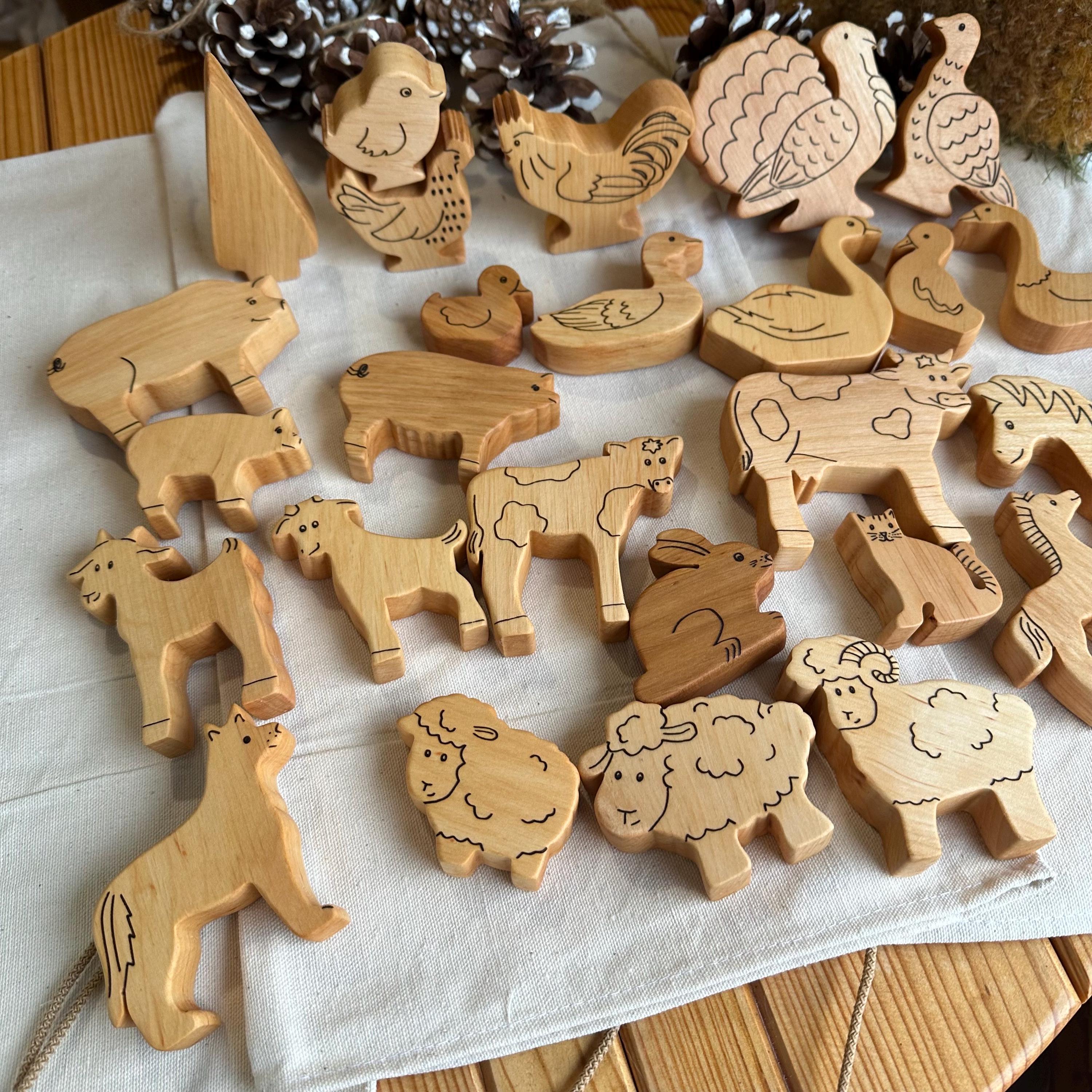 Set of 26 Wooden Farm Animal Toy Handmade Wood Animals Figurine