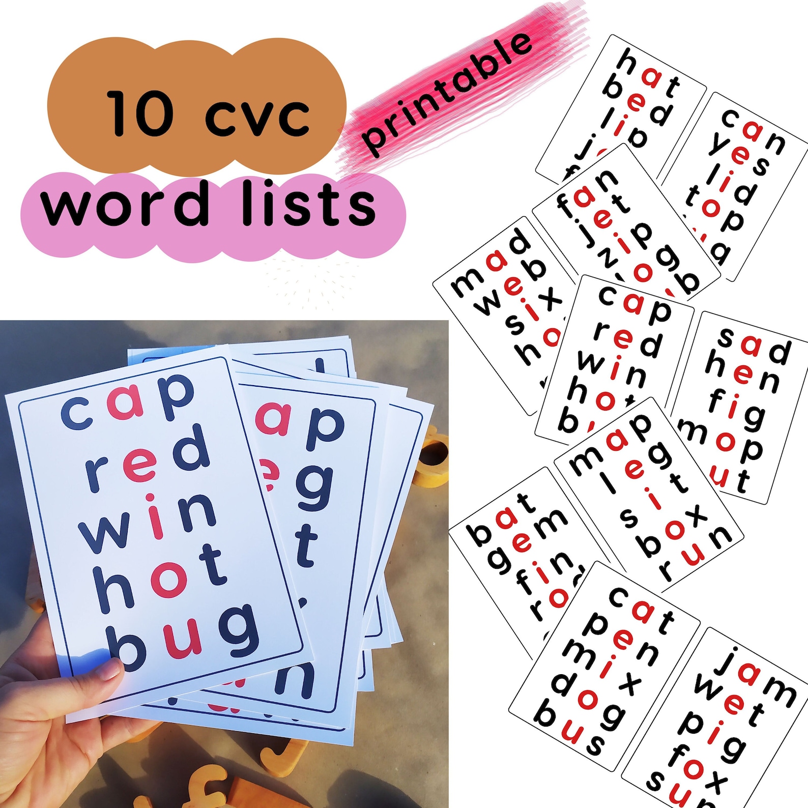 CVC Word Lists Printable PDF, Vowels Sound Flashcards, Cvc Word Reading ...