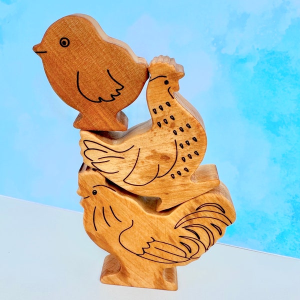 Wooden Chickens family, wooden Rooster, hen and chicken farm animals, waldorf figurines, animal Domestic, Wooden Farm birds