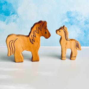 Wooden Horse and foal animal figurines, wood animal horse with foal, Fire Horse symbol figurines, Farm animals toy figurines for kids
