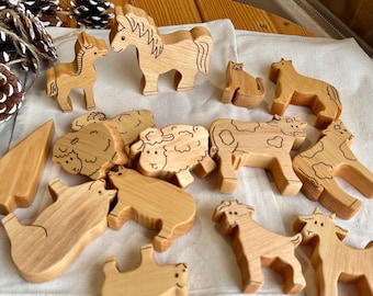 Set of 15 Wooden Farm Animal Toy: Waldorf Wood Animals Figurines