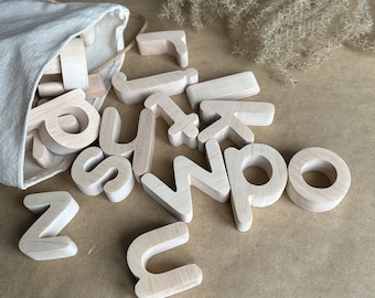 Juego completo de letras de madera: 29 piezas Montessori de letras minúsculas para juego sensorial.