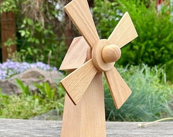 Handmade Wooden Windmill Toy with Moving Blades – Natural Beech Wood Toy Montessori Waldorf Inspired