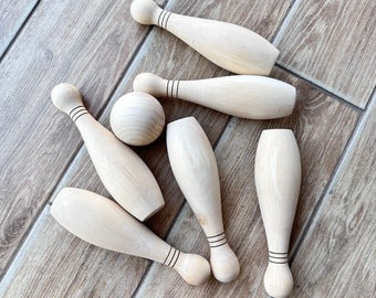 Wooden bowling set for toddlers, Indoor bowling set, wood bowling game, white bowling pins, kids wooden bowling game, bowling birthday